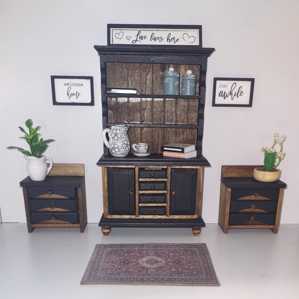 DOLLHOUSE MINIATURE HUTCH AND SIDE TABLES